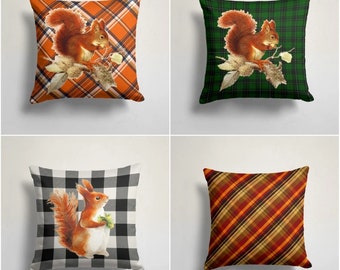 Squirrel Pillow Case|Plaid Design Cushion Cover|Checkered Pattern Pillowtop|Farmhouse Style Home Decor|Housewarming Buffalo Check Cushiontop