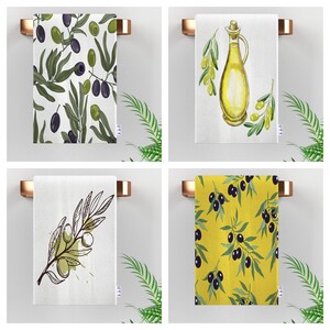 Olives & Branches Tea Towel|Olive Oil Bottle Hand Towel|Yellow and Green Kitchen Decor|Black Olives with Leaves Dishcloth|Housewarming Gift