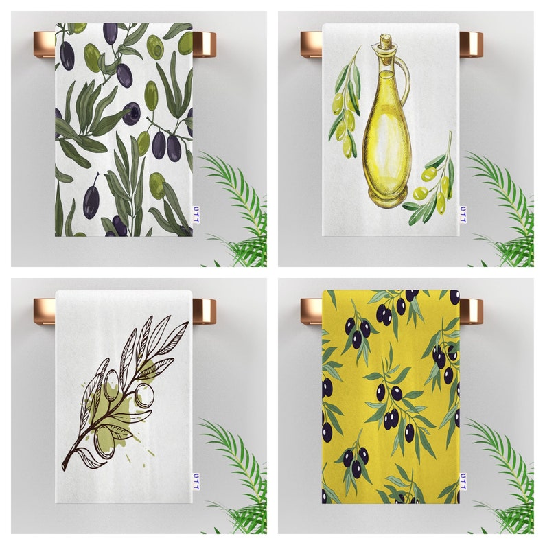 Olives & Branches Tea Towel|Olive Oil Bottle Hand Towel|Yellow and Green Kitchen Decor|Black Olives with Leaves Dishcloth|Housewarming Gift