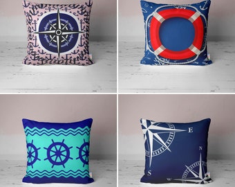 Yacht Themed Pillow Cover|Life Ring Design Cushion Case|Nautical Home Decor|Compass on Indigo Background Pillowtop|Steering Wheel Cushiontop