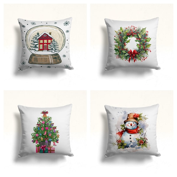 Taie d'oreiller thème Noël et hiver | Housse de coussin boule à neige | Arbres de Noël avec cadeaux, décoration d'intérieur | Coussin design couronne | Cadeau imprimé bonhomme de neige