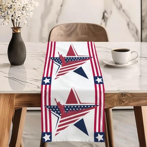 May include: A rectangular table runner featuring a repeating pattern of large stars in red, white, and blue. Each star contains a silhouette of the Statue of Liberty and a city skyline. The design includes vertical red and white stripes on the sides.