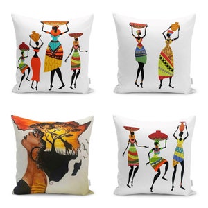 Taie d'oreiller pour femmes africaines dansantes | Taie de coussin effet vent tropical | Carte de l'Afrique sur une tête de femme, décoration d'intérieur | Plateau d'oreiller exotique | Coussin fantaisie