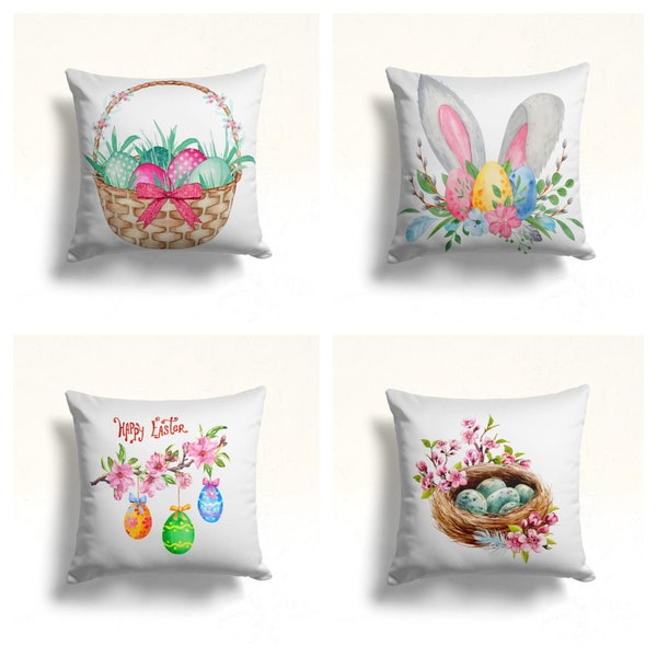 Easter Eggs Inside Bird's Nest Pillow Cover|Happy Easter Cushion Case|Hanging Easter Eggs Pillowtop|Cute Bunny Ears with Colored Eggs Decor