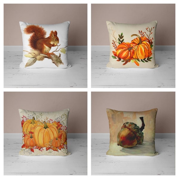 Autumn Trend Pillow Case|Fall Cushion Cover|Orange Pumpkin Throw Pillow Top|Leaf & Pumpkin Home Decor|Housewarming Squirrel and Acorn Cover