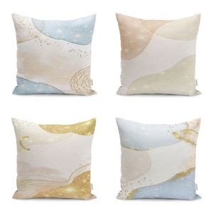 Capa de almofada estilo abstrato | Linda combinação de capa de almofada rosa e azul | Decoração simples e doce para casa | Fronha com design de pintura | Almofada de inauguração