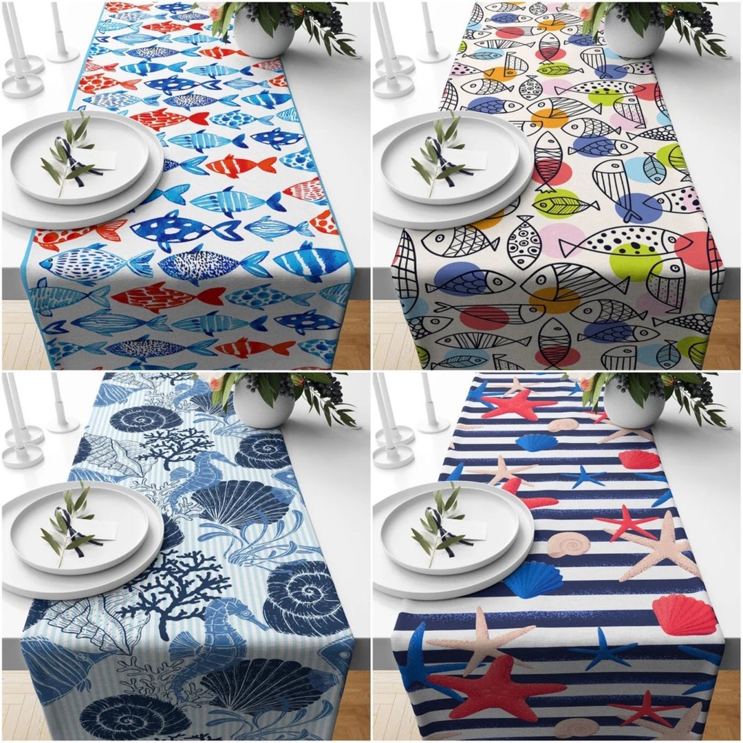Summer Time Table Runner|sea Animal Tabletop|decorative Sketched Fish ...