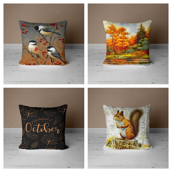 Fall Season Trend Pillow Case|Tree with Orange & Yellow Leaves Throw Pillow|Birds Chirping Print Pillow Case|Housewarming Squirrel  Pillow|