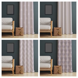 Peut inclure: Quatre panneaux de rideaux différents avec des motifs géométriques dans des tons de gris et de blanc. Chaque panneau est suspendu dans une pièce avec un mur gris clair, une chaise en bois et un panier.