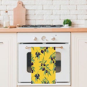 Olives & Branches Tea Towel|Olive Oil Bottle Hand Towel|Yellow and Green Kitchen Decor|Black Olives with Leaves Dishcloth|Housewarming Gift
