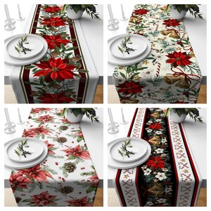 May include: Four different Christmas table runner designs. The first runner features a red and white striped pattern with poinsettia flowers, pine branches, and pinecones. The second runner features a white background with a repeating pattern of poinsettia flowers, pine branches, pinecones, bells, and candy canes. The third runner features a white background with a repeating pattern of poinsettia flowers, pine branches, pinecones, and berries. The fourth runner features a black background with a repeating pattern of poinsettia flowers, pine branches, pinecones, bells, and candy canes.