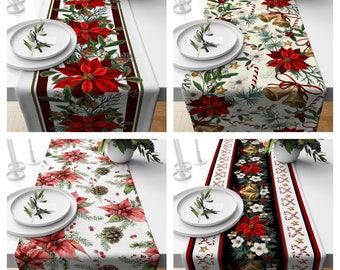 Christmas Dinner Table Runner|Winter Trend Tabletop|Xmas Bells Home Decor|Pine Cone and Flowers Tablecloth|Xmas Candy and Berries Tabletop