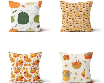Harvested Fall Pumpkins Pillow Cover|Autumn Cushion Case|Pumpkins and Dry Leaves Home Decor|Sunflowers in Basket Pillowtop|Housewarming Gift