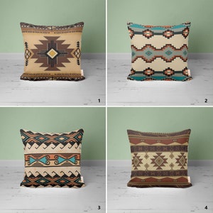 May include: Four square throw pillows with different geometric patterns in shades of brown, beige, orange, blue, and turquoise. The pillows are arranged in a grid pattern on a white wooden surface.