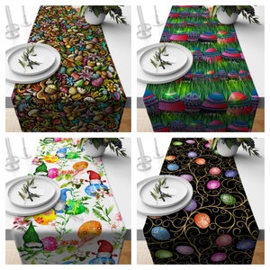 May include: Four different table runner designs featuring Easter egg patterns. The first runner has a colorful cartoon design with eggs, flowers, and other Easter-themed elements. The second runner has a green background with purple and pink eggs on a bed of grass. The third runner has a white background with colorful eggs and gnomes. The fourth runner has a black background with gold swirls and colorful eggs.