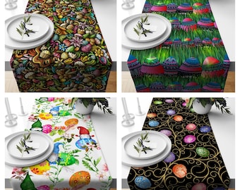 Easter Egg Garden Table Runner|Floral Egg Design Kitchen Decor|Cute Dwarfs Printed Tabletop|Cupcakes, Eggs Home Decor|Spring Time Tablecloth
