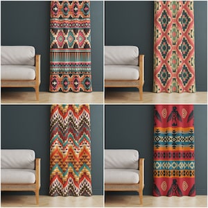 May include: Four different patterned curtains with geometric designs in shades of red, orange, blue, and brown. The curtains are shown hanging in front of a gray wall with a white armchair in front of each curtain.