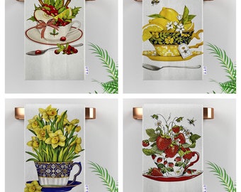 Tea & Lemon Kitchen Towel|Cinnamon Apple Dish Towel|Strawberry Tea Towel|Herbal Tea Hand Towel|Orchids in Teacup Dishcloth|Housewarming Gift