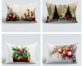 Christmas Trees with Gifts Cushion Case|Xmas Berries on Tree Log Pillow Cover|Floral Candles Home Decor|Xmas Ornaments on Pine Tree Cushion