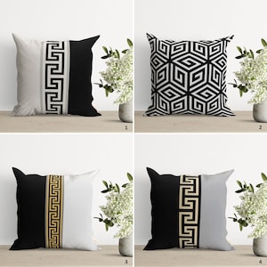 Copricuscino con motivo a chiave greca/copricuscino di eleganza dorata e nera/fantastica federa per preferenze semplici e alla moda/regalo di inaugurazione della casa