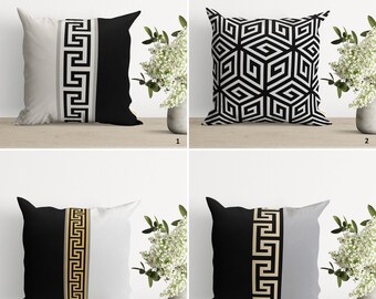 Greek Key Design Cushion Cover|Pillowtop of Golden & Black Elegance|Awesome Pillow Case for Simple and Trendy Preferences|Housewarming Gift