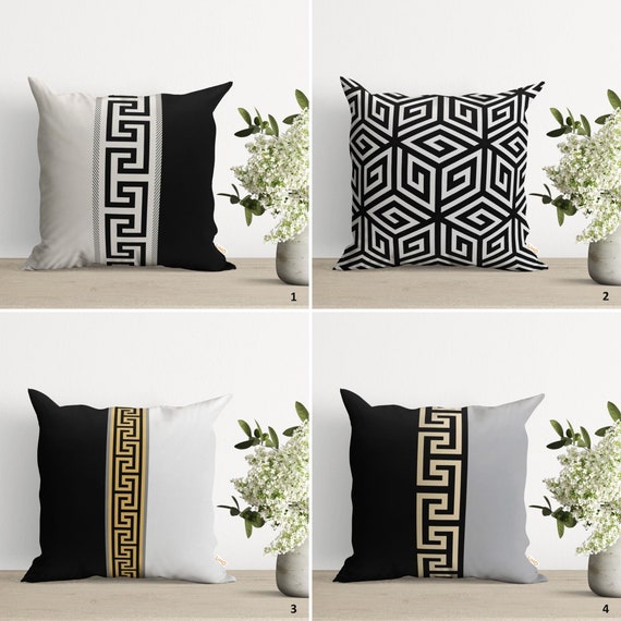 Greek Key Design Cushion Cover|Pillowtop of Golden & Black Elegance|Awesome Pillow Case for Simple and Trendy Preferences|Housewarming Gift