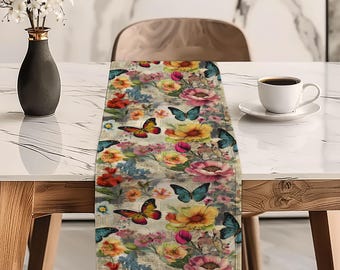 Butterfly Floral Table Runner: Raschel Fabric, Stain Resistant