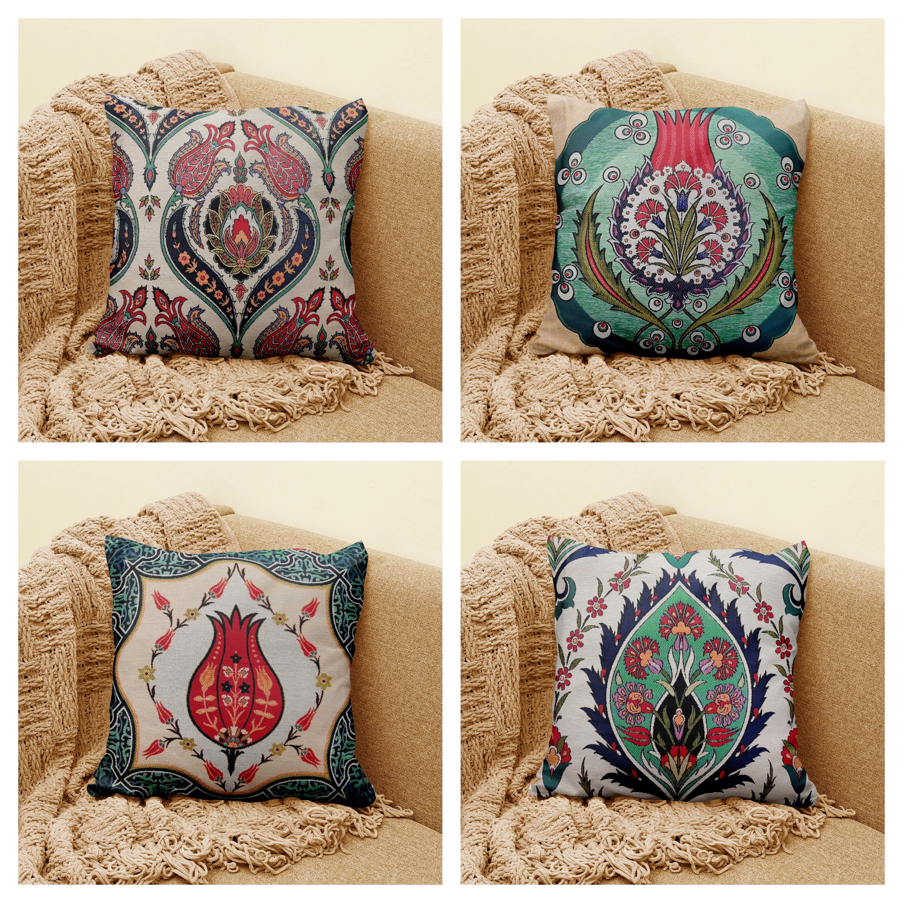 Turkish Tulip Woven Pillow Case|Decorative Gobelin Tapestry Throw Pillow Top|Cozy Red Floral Tapestry Pillow Case|Ottoman Style Cushion Case