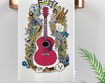 I Love Music Print Tea Towel|Floral Guitar Hand Towel|Rock, Metal, Classic Music Kitchen Decor|Decorated Guitars Dishcloth|Housewarming Gift