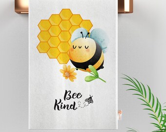 Bee Kind Print Tea Towel|Floral Honeycombs Hand Towel|Cute Bumblebee Kitchen Decor|Daisies, Leaves & Bees Dishcloth|Housewarming Yummy Gift