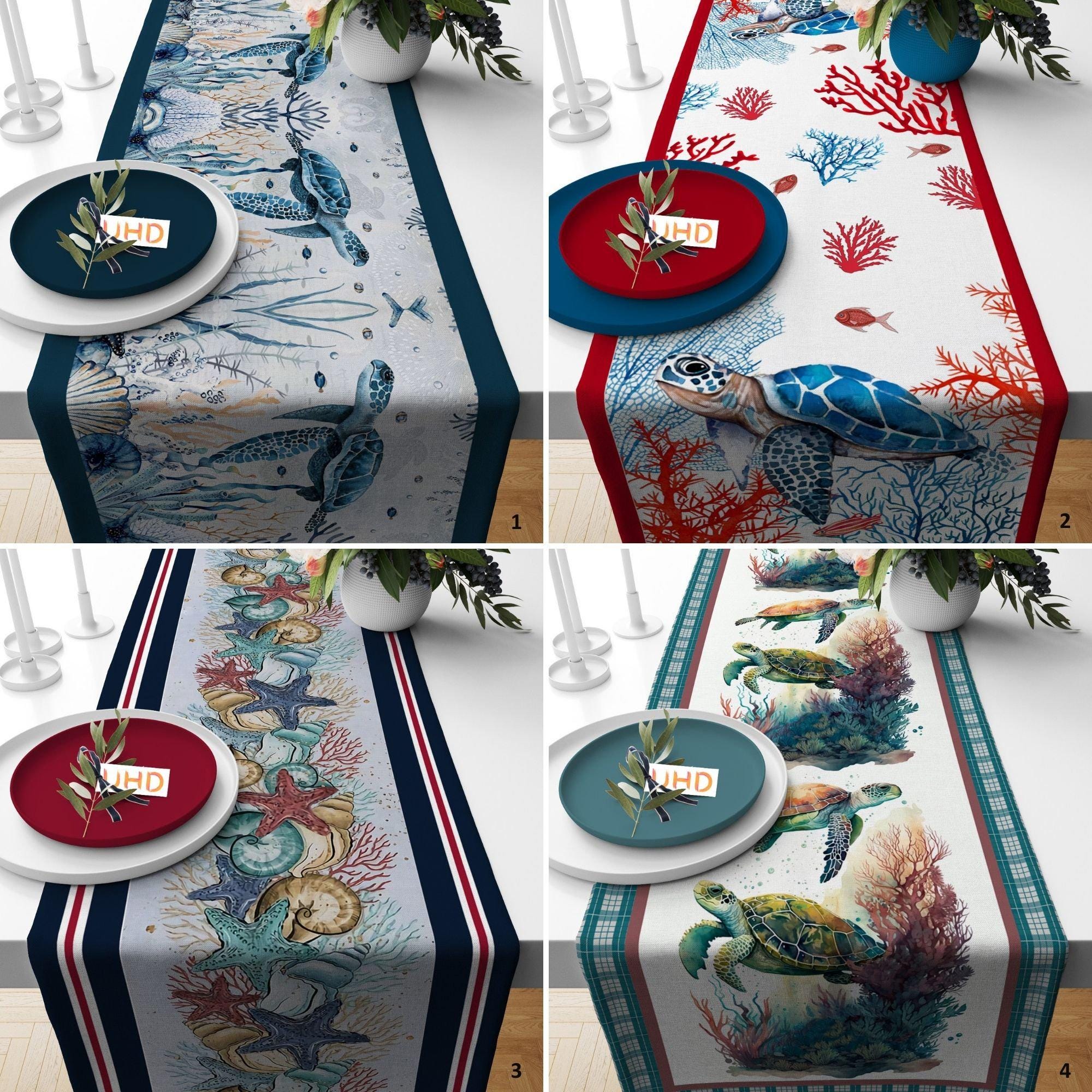 Ocean Life Table Runner|Starfish Seashells Table Topper|Nautical Tablecloth|Beach House Runner|Coral Reef Table Cover|Sea Turtle Tabletop