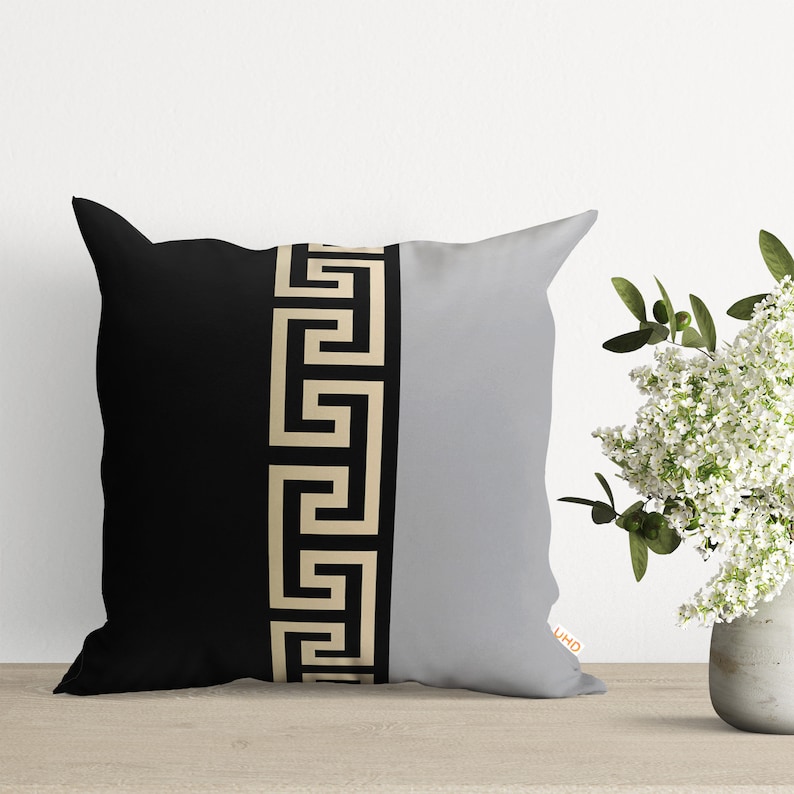 Greek Key Design Cushion Cover|Pillowtop of Golden & Black Elegance|Awesome Pillow Case for Simple and Trendy Preferences|Housewarming Gift