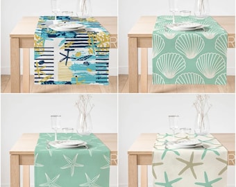 Beach House Table Runner|Coastal Design Tabletop|Seashell Table Cover|Marine Life Tablecloth|Sea Kitchen Decor|Starfish & Oyster Centerpiece