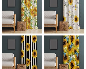 May include: Four different curtain panels with sunflower designs. The panels are shown hanging in a living room setting with a couch and a side table. The designs include a white background with sunflowers, a black and white striped background with sunflowers, a white background with sunflowers and butterflies, and a white background with sunflowers and small purple flowers.