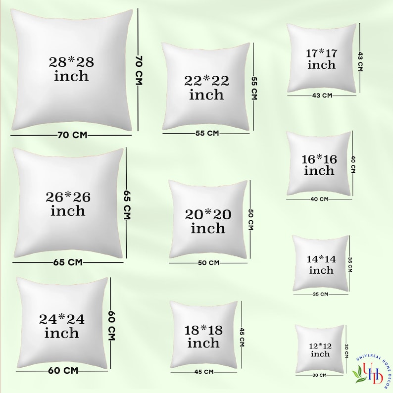 May include: A set of 10 white square pillow covers in various sizes, ranging from 12 inches to 28 inches. Each pillow cover features a black text label with the dimensions in inches.