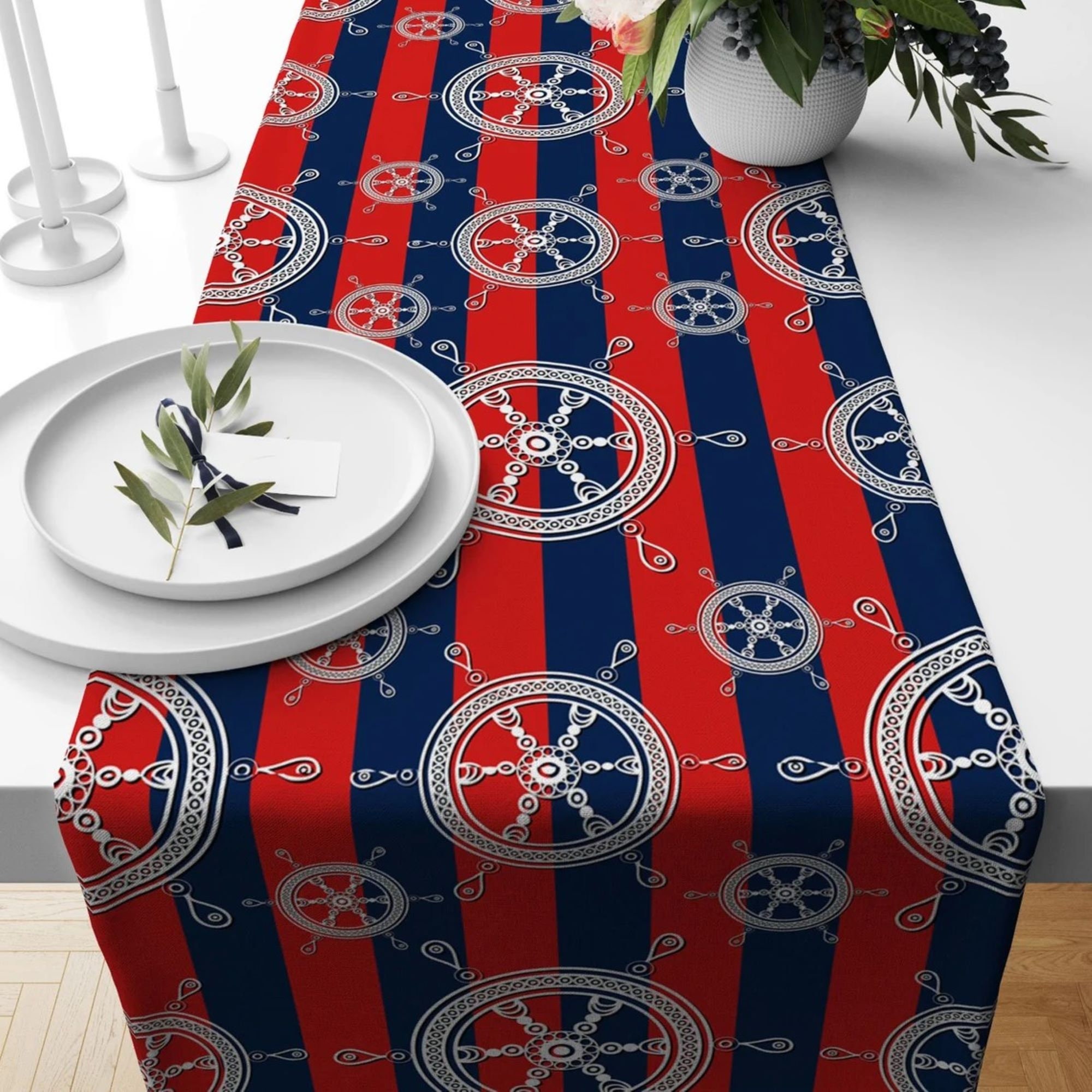 Nautical Table Runner|striped Design Wheel & Compass Tabletop|navy ...