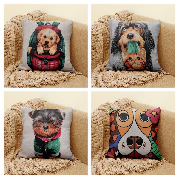 Cute Puppies Belgian Tapestry|Modern Design Gobelin Tapestry Dogs Pillow Cover|Animal Woven Throw Pillow Top|Indoor Decorative Cushion Case