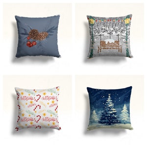 Federa per cuscino "Buon Natale"/Federe per cuscino con panchine e lanterne nella neve/Decorazione per la casa con pigne e bacche/Federe per cuscino con alberi di Natale di notte