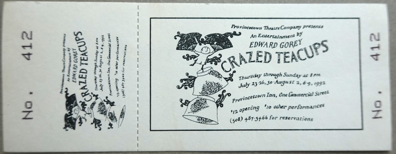 Edward Gorey Illustrated Theatre Ticket for Crazed Teacups 1992 image 1