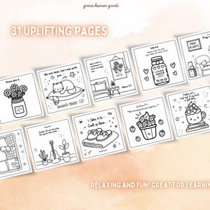 Puede incluir: Un conjunto de 31 p&aacute;ginas para colorear imprimibles con citas e ilustraciones inspiradoras. Las p&aacute;ginas incluyen im&aacute;genes de un gato, flores, una taza de chocolate caliente, un frasco de agua y una guitarra. El texto en las p&aacute;ginas incluye vers&iacute;culos b&iacute;blicos y mensajes inspiradores.
