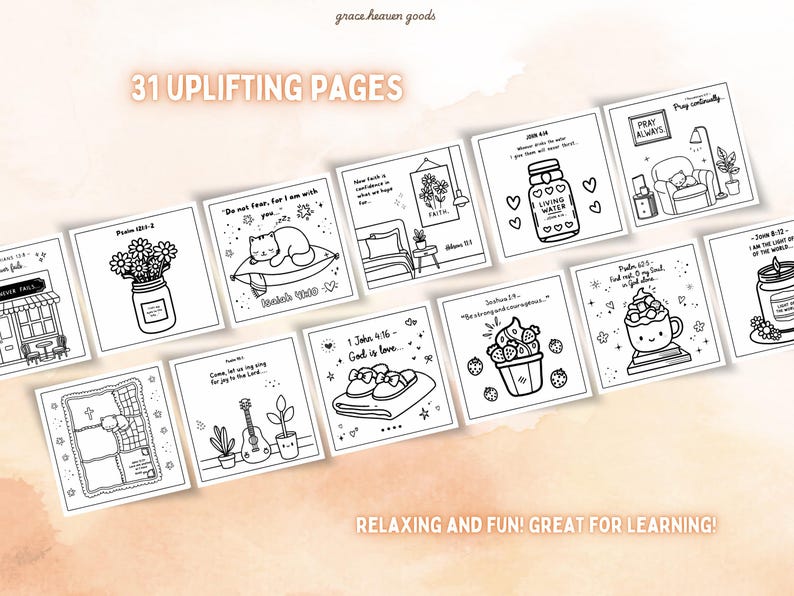 Puede incluir: Un conjunto de 31 p&aacute;ginas para colorear imprimibles con citas e ilustraciones inspiradoras. Las p&aacute;ginas incluyen im&aacute;genes de un gato, flores, una taza de chocolate caliente, un frasco de agua y una guitarra. El texto en las p&aacute;ginas incluye vers&iacute;culos b&iacute;blicos y mensajes inspiradores.