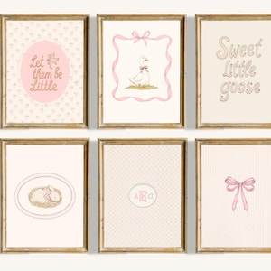 Personalized Silly Goose Nursery Art Custom Name Pink Gingham Set Cottagecore Gallery Wall - Baby Girls Decor Newborn Girl Nursery Set of 6