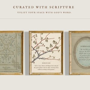 Bible Verse Art Set of 3 (Second Layout) – Alternative arrangement of three framed scripture prints with botanical accents and classic vintage textures, perfect for prayer corners and reading nooks.