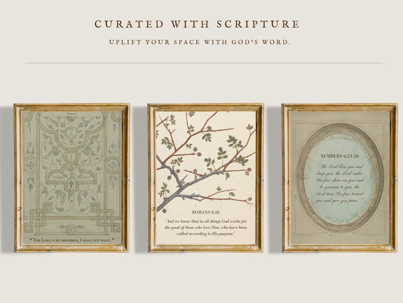 Bible Verse Art Set of 3 (Second Layout) – Alternative arrangement of three framed scripture prints with botanical accents and classic vintage textures, perfect for prayer corners and reading nooks.