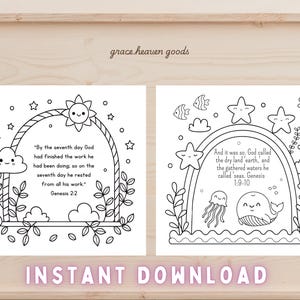Bible coloring book for kids with 18 relaxing and faith-filled pages. Genesis-themed Christian printable download.