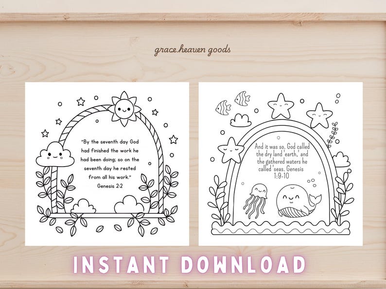 Bible coloring book for kids with 18 relaxing and faith-filled pages. Genesis-themed Christian printable download.