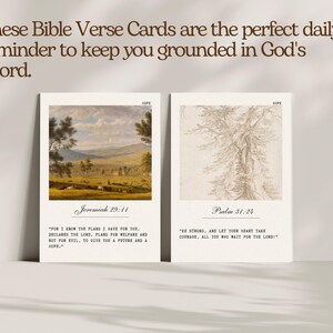 Peut inclure: Deux cartes imprimables avec des versets bibliques inspirants et des illustrations sur le th&egrave;me de la nature. La premi&egrave;re carte pr&eacute;sente une peinture de paysage avec une citation de J&eacute;r&eacute;mie 29&nbsp;:11. La deuxi&egrave;me carte pr&eacute;sente un dessin d'un arbre avec une citation du Psaume 31&nbsp;:24.