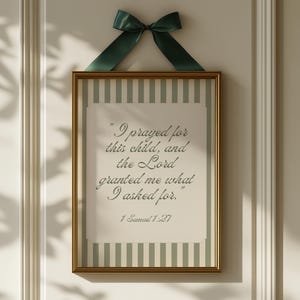 Faith-Based Nursery Wall Art, Scripture Print, Boy Girl Christian Baby Room Decor, Bible Verse, Playroom Vintage Olive Green,  1 Samuel 1:27
