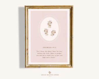 Christian Cottagecore Nursery Art PRINTABLE | Jeremiah 29:11 Pink Baby Girl Wall Print |  INSTANT Digital Download | Newborn Girl | CN-002