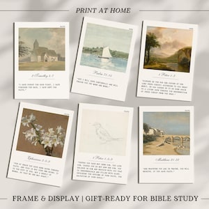 Peut inclure: Ensemble de six cartes imprimables pr&eacute;sentant diff&eacute;rentes peintures &agrave; l'aquarelle et des versets bibliques. Chaque carte a un fond blanc avec du texte noir et une esth&eacute;tique vintage.